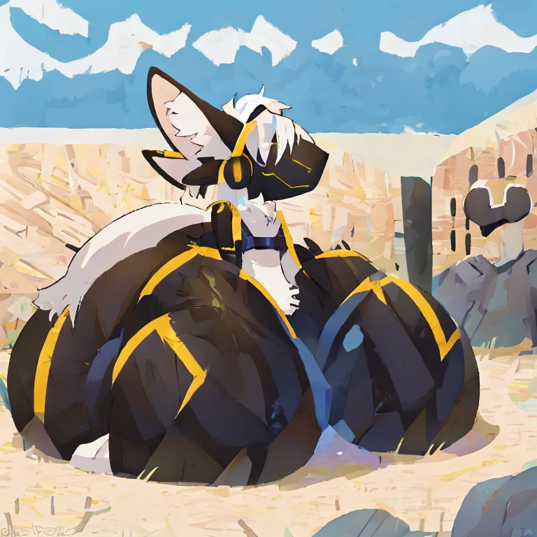 Female Protogen with extremely wide hips, skinny, unhumanly gigantic breasts, hyper sized breasts, extremely humongous thighs, Extremely humongous ass, white hair, white fur, huge White fluffy tail attached to back of pelvis, and reddish highlights. Blue glowing eyes, white fur tufts, front view, wearing Grey armor without ass covering, with just her ass exposed, wearing a black latex bra, sitting on her knees with her tail between her legs burying her face into her tail.
