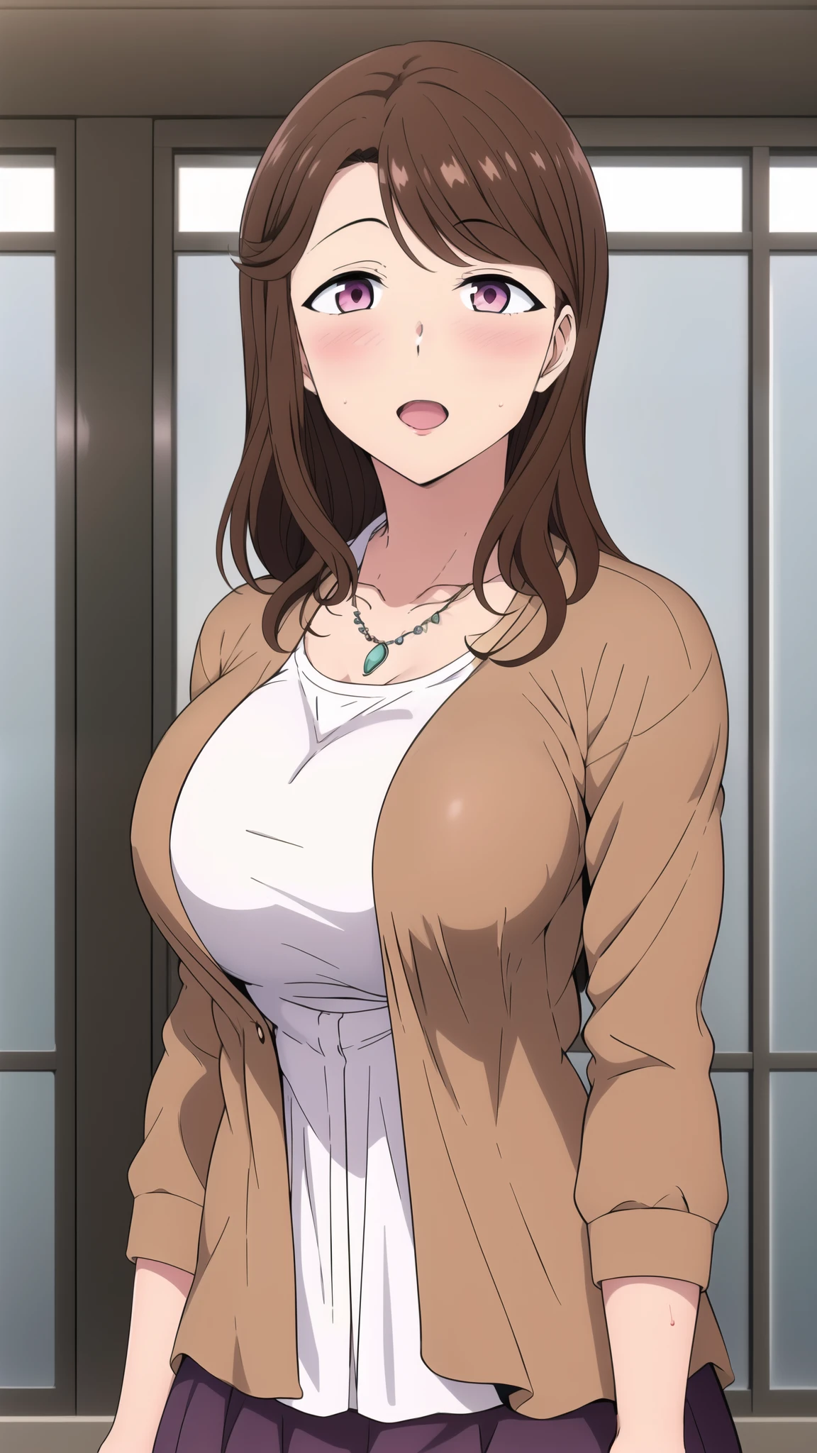 master piece, EMBARRASSED, SHY, 1girl, hand over mouth, breasts, solo, brown hair, pink eyes, PURPLE SKIRT , large breasts, looking at viewer, BLUSH, open mouth, long hair, collarbone, upper body, necklace, white dress, cardigan, brown jacket, , (((white shirt))), outside, park , mature female,(masterpiece: 1.0), (best_quality: 1.0), ultra high resolution, 4K, ultra detailed, photography, 8K, HDR, highres, absurders:1.2, Kodak portra 400, film grain, blurred background, bokeh:1.2, l (vibrant_color:1.2) (Beautiful), (beautiful_face:1.5),(narrow_waist), anime style, sharp focus, professional artwork,trending on pixiv, detailed bold arm lines, high color saturation, bold lines, bold drawing lines), open mouth, (white skin, (fair skin),
