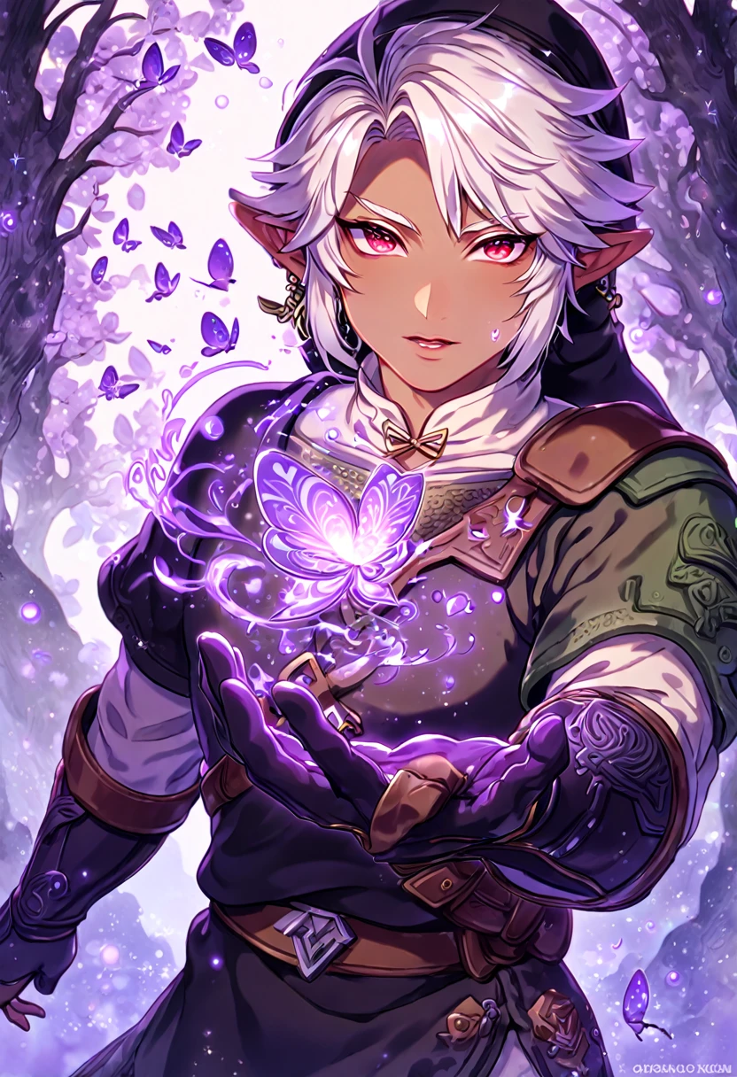 absurdres, highres, ultra detailed, HDR, master piece, best quality, extremely detailed, Dark Link, white hair, expressive red eyes, The Legend Of Zelda Twilight Princess, solo, sexy man, sensual, handsome, black tunic, black hat, black gauntlets, dark skin, under a purple tree, fantasy, magical, purple glittering fireflies, purple butterflies, purple flames, glass magic, purple leaves
