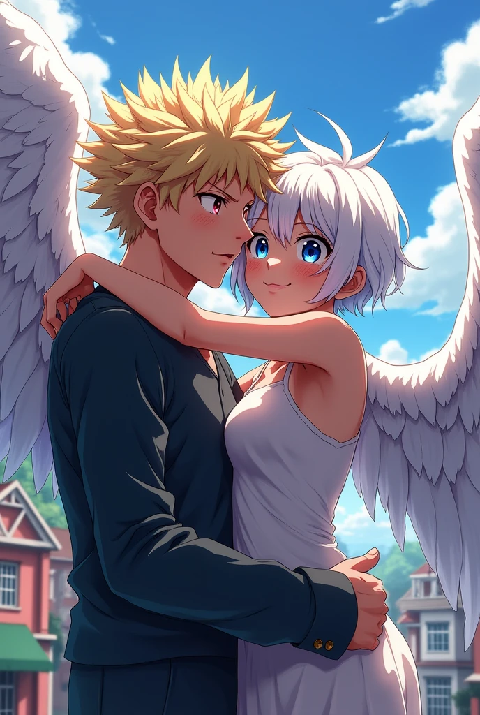 Boku no hero style, anime) A girl with short messy white hair, white wings, blue eyes. Hugging A blonde Guy, short and spiky hair with red eyes.