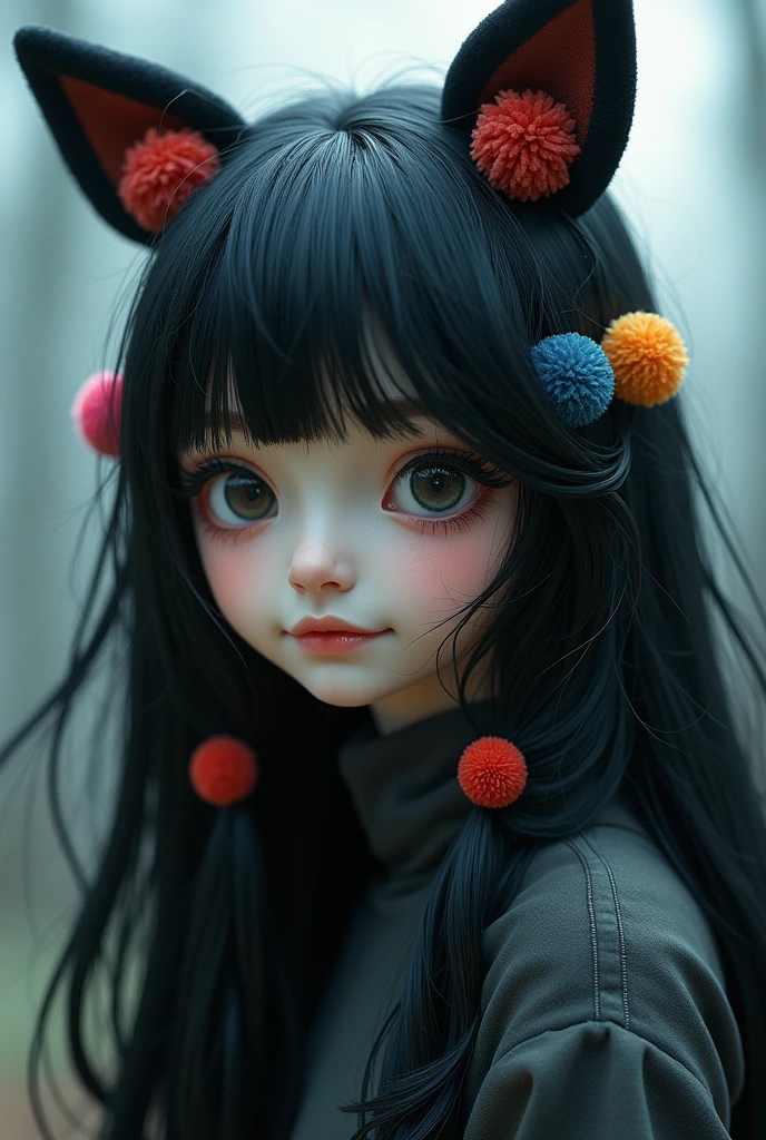 black hair, hair bobbles, wince, longeyelashes, solid circle eyes, fake animal ears, light smile, ear blush, fang, ccurate, Surrealism, drop shadow, anaglyph, stereogram, tachi-e, pov, atmospheric perspective, 8k, super detail, best quality