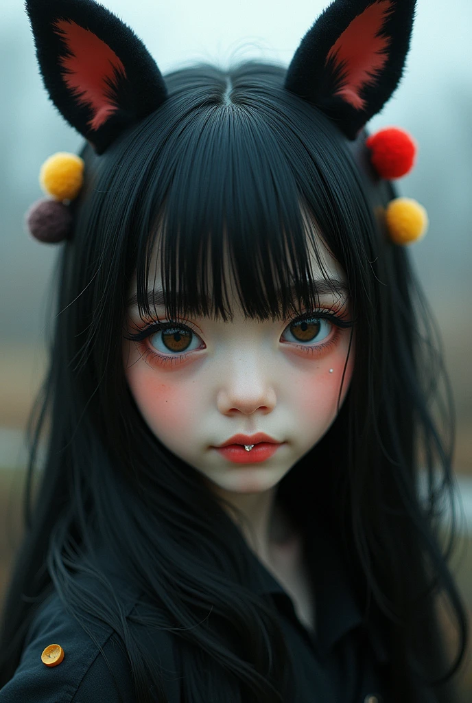 black hair, hair bobbles, wince, longeyelashes, solid circle eyes, fake animal ears, light smile, ear blush, fang, ccurate, Surrealism, drop shadow, anaglyph, stereogram, tachi-e, pov, atmospheric perspective, 8k, super detail, best quality