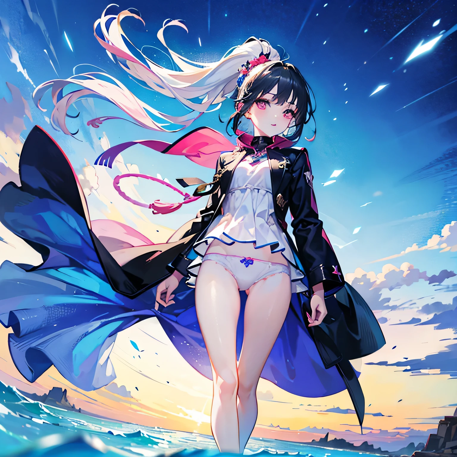 Beautiful woman, cute, A dignified expression, Transparency, gem, long hair, ponytail, Forward Shorthair, Black Hair, Blue Hair, Silver Hair, flower, Cool, blue sky, The wind is blowing, Gradient Hair, Ray Tracing, reflected light, Anime Style, masterpiece, Highest quality, Anatomically correct, Accurate, Super Detail, High resolution, Pink Lips, A slender, feminine face, White skin, Beautiful night view, The face is facing straight ahead, not turning left or right, Fantasy, underwear, No nostrils, Head to leg, water