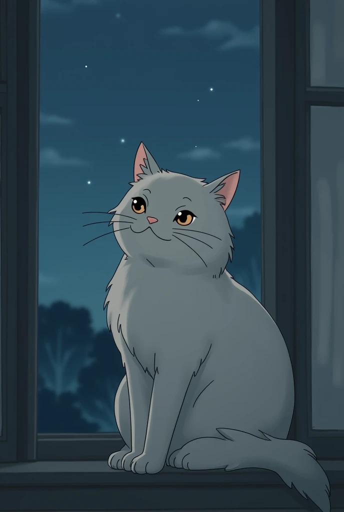 Hello, I want a wallpaper that has a gray cat with small beige spots on its face, I also want the image to have a background that is not so striking., preferably in cool tones. That the aesthetics are like Studio Ghibli or at least not so much , give more detail, that the defined lines are visible, and the background could be a window at night