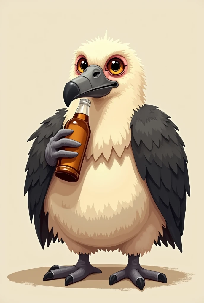 Cartoon of a 5 vulture with a potbelly drinking beer, neutral emotion, less fat