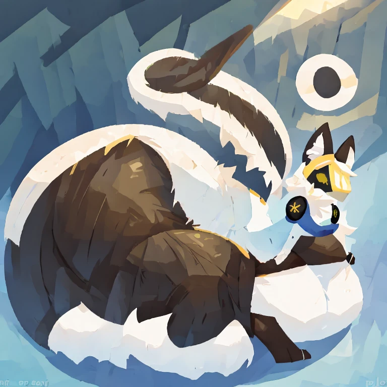 Female Protogen with extremely wide hips, skinny, unhumanly gigantic breasts, hyper sized breasts, extremely humongous thighs, Extremely humongous ass, white hair, white fur, huge White fluffy tail attached to back of pelvis, and reddish highlights. Blue glowing eyes, white fur tufts, front view, wearing Grey armor without ass covering, with just her ass exposed, wearing a black latex bra, sitting on her knees with her tail between her legs burying her face into her tail.