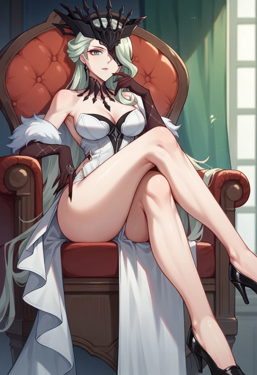 1 girl, La Signora, Genshin Impact, white dress, sitting on a chair, legs crossed