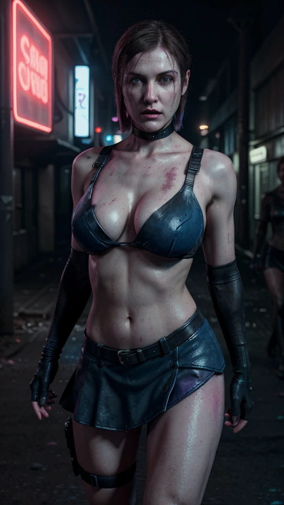 Jill Valentine from Resident Evil 3 wearing a black mini skirt, realistic face, terrifying atmosphere, blue and pink neon lights on the street, zombies in the background, in an even more realistic style, Unreal Engine 5, 8k resolution, cinematic, super sexy, big boobs