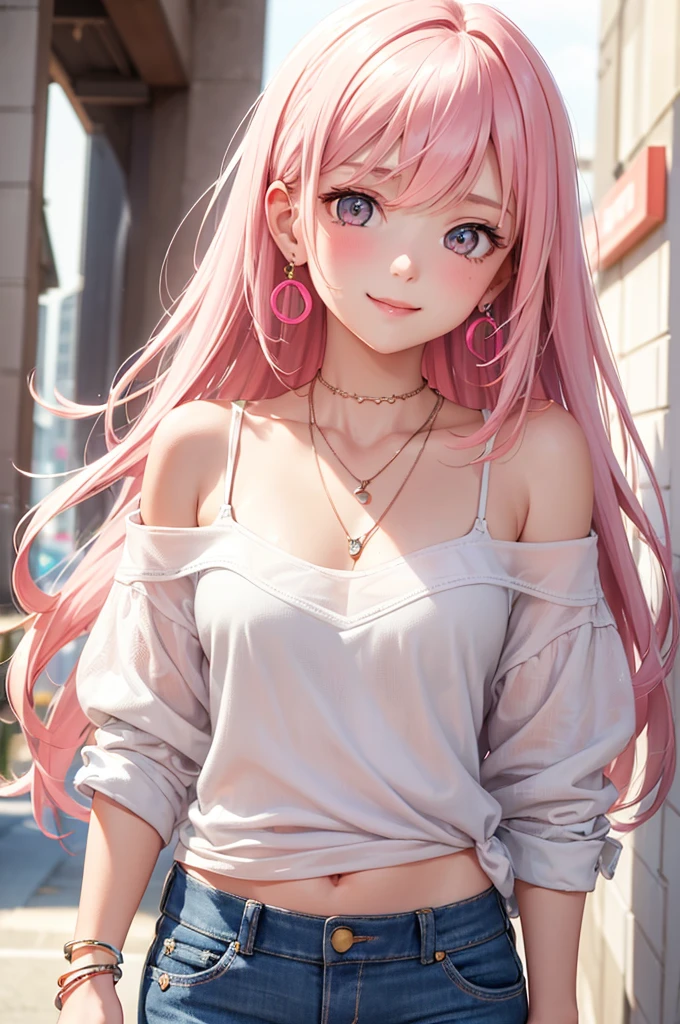 Best Quality,High resolution,8k,(plain white background, no patterns, no textures, just a plain white background:1.3),Masterpiece:1.2),beautiful girl,Shiny pink hair,messy hair,Pink eyes,Gentle look,A refreshing look,smile,Best quality,Best Quality,Aesthetic and aesthetic:1.2,Best details((Super detailed))(High-definition CG illustrations),Slender body,smile,blush,cute,Scrounge,Looking up,Being spoiled,off shoulder, paired with pre-ripped jeans, colorful cotton fabric with a subtle pattern, casual sneakers with a pop of color, Accessories include a playful pendant necklace and colorful stud earrings, super model