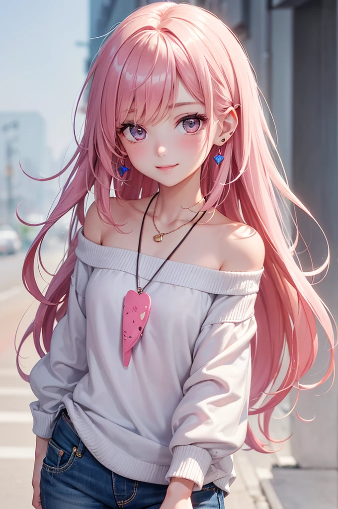 Best Quality,High resolution,8k,(plain white background, no patterns, no textures, just a plain white background:1.3),Masterpiece:1.2),beautiful girl,Shiny pink hair,messy hair,Pink eyes,Gentle look,A refreshing look,smile,Best quality,Best Quality,Aesthetic and aesthetic:1.2,Best details((Super detailed))(High-definition CG illustrations),Slender body,smile,blush,cute,Scrounge,Looking up,Being spoiled,off shoulder, paired with pre-ripped jeans, colorful cotton fabric with a subtle pattern, casual sneakers with a pop of color, Accessories include a playful pendant necklace and colorful stud earrings, super model