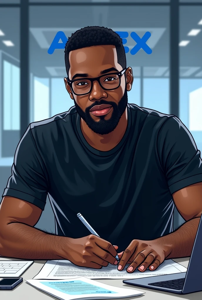 Drawing of a black man, with glasses, black tee, Aciex office, Acie in blue, Blank X 