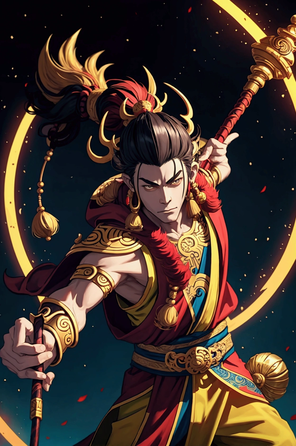 best quality, 4K, solo, (anime: 1.2), (big nipple: 0.5), (male: 1.5), (juvenile: 1.2), with a Chinese dragon horn on the head, earrings on the ears, bracelets on the wrists, (metal ankle rings on the ankles: 0.8), (barefoot: 1), ancient Chinese style, (upper body: 0.3), long hair, (fair skin: 1.5), dance moves, black hair, confident smiles