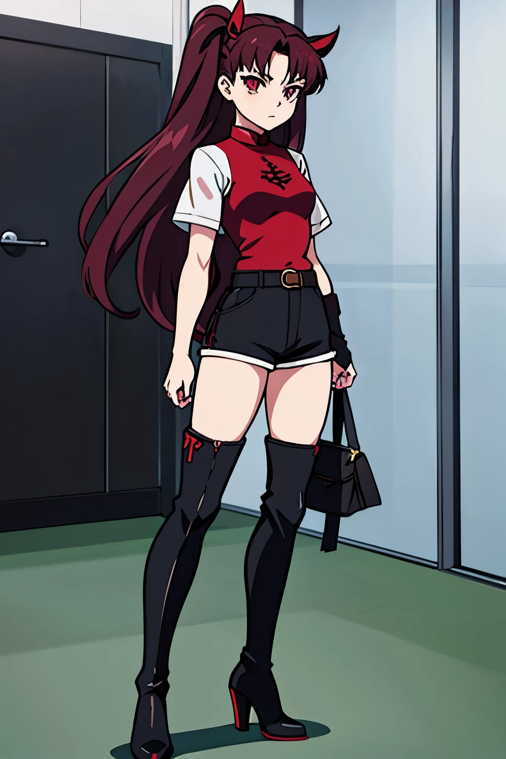 Rin Tohsaka, anime girl, age girl, shorts, shirt, boots, thigh boots, black boots, black footwear, high heels, standing, room