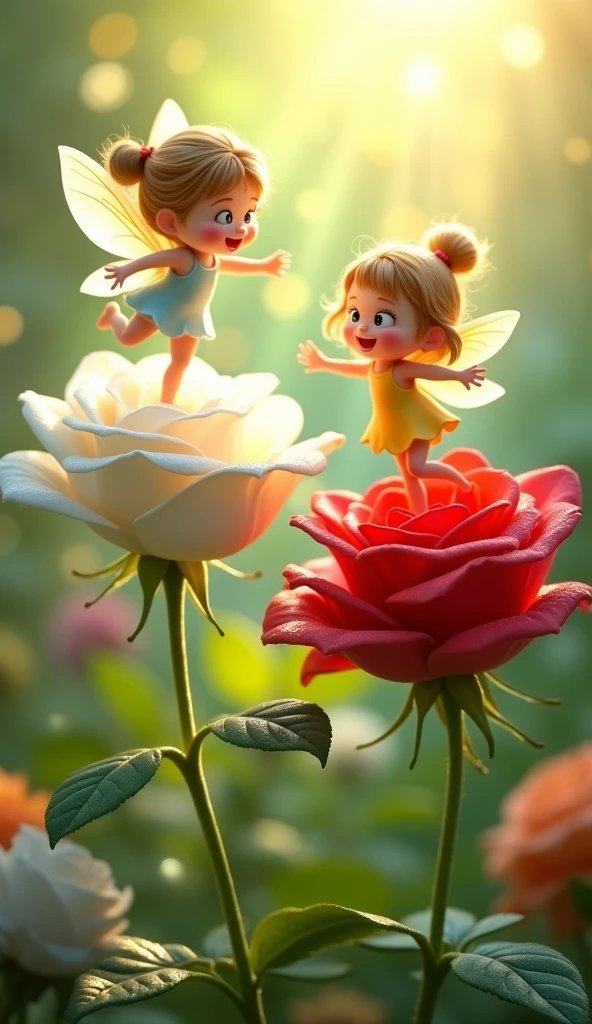 two rose, white rose and red rose in the garden dancing cartoon stylist, some water drops on flower,two dancing cartoon stylist fairies on both flowers sun rays in garden , greenery