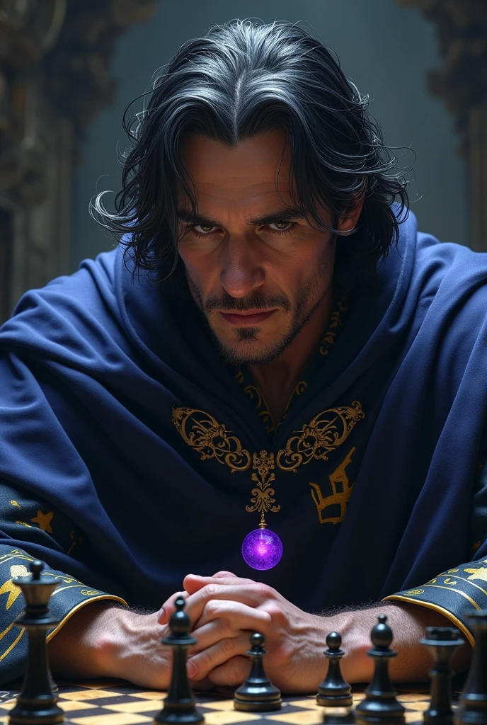Draw the actor Christian Bale, about 50 years old, como um mago de Dungeons e Dragons, with black hair but gray in the forelock, focus on Christian Bale&#39;s well-drawn face, Boris Vallejo style drawing, he with a dark blue wizard&#39;s cloak with yellow details, a bright purple magic stone hung around his neck like an amulet, evil look and psychopath smile. profile playing chess concentrated High resolution, 8k.