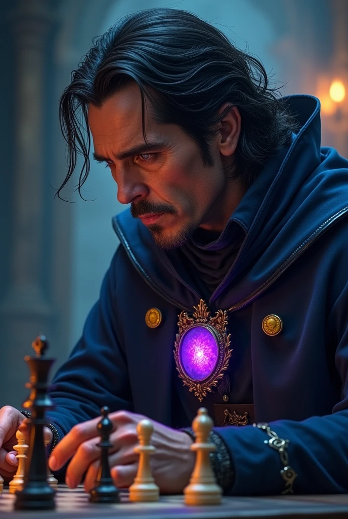 Draw the actor Christian Bale, about 50 years old, como um mago de Dungeons e Dragons, with black hair but gray in the forelock, focus on Christian Bale's well-drawn face, Boris Vallejo style drawing, he with a dark blue wizard's cloak with yellow details, a bright purple magic stone hung around his neck like an amulet, evil look and psychopath smile. profile playing chess concentrated High resolution, 8k.