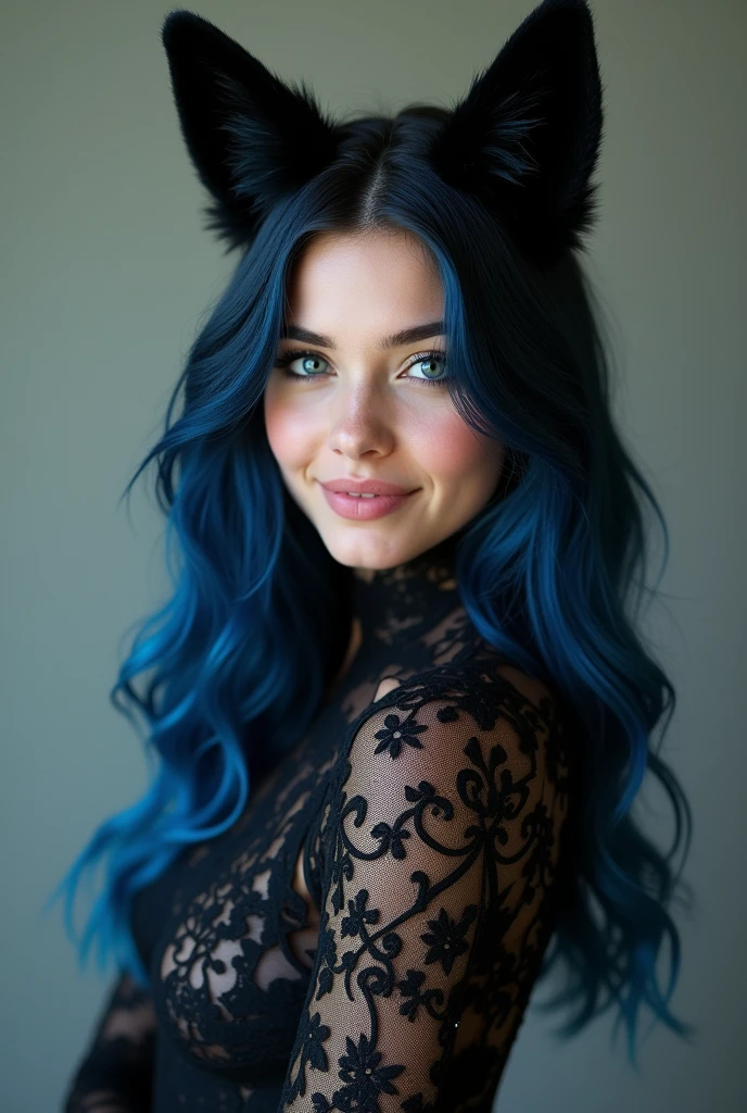 photo d'une jeune fille de 20 ans, européenne la peau claire. Her long wavy blue-black hair cascading over her shoulders with two black fox ears. a sweet, playful face with navy blue eyes filled with mischief. small fangs protruding from his lips. She is smiling. Elle est vêtu d'un body en dentelle noir. She has several black fox tails sticking out of her back
