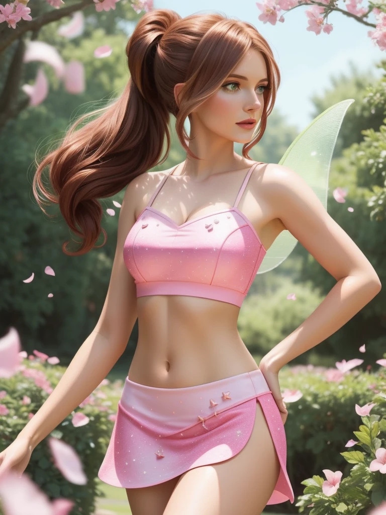 (best_quality, add_detail, masterpiece), woman, Flora_Winx, Flora_Winx style, Flora_Winx clothing, fairy wings,  pink  crop top, pink short  petal skirt , brunette, hairstyle   ponytails, slim figure,  flawless appearance, flawless anatomy,  Nature fantasy background, stardust,  cinematics, realistic art, 8K, fantasy, --style raw, 
