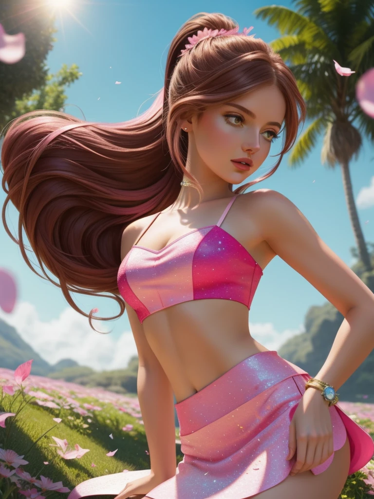 (best_quality, add_detail, masterpiece), woman, Flora_Winx, Flora_Winx style, Flora_Winx clothing, fairy wings,  pink  crop top, pink short  petal skirt , brunette, hairstyle   ponytails, slim figure,  flawless appearance, flawless anatomy,  Nature fantasy background, stardust,  cinematics, realistic art, 8K, fantasy, --style raw, 
