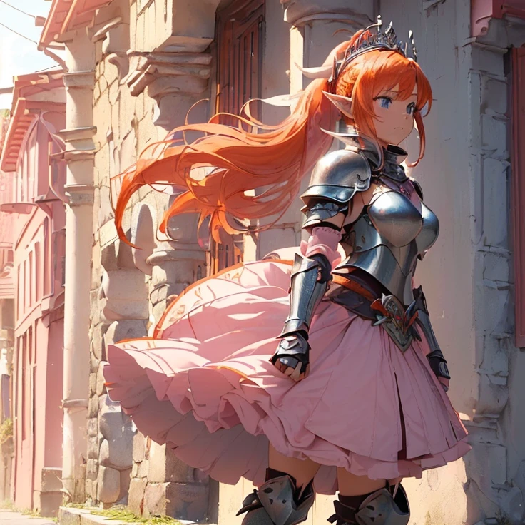 (masterpiece), (best quality), (detailed character and features), (HD), (high resolution), (solo, alone character), (fantasy), (simple background), (anime)
{{(1character:(20 years old (orange-red haired) Elf-Girl (pink-armor-knight)):((reddish-orange hair tied in a left ponytail with two white flowers),(beautiful light-blue eyes), (orange-reddish eyebrows), (serious and imponent), (closed mouth), (white flower at side of hair over the left ponytail),(body full covered and armored in full knight pink armor)), ((full Pink knight armor:(pink steel full knight cuirass), (pink gauntlets), (pink steel knight skirt), (pink steel belly armor), (pink shoulder armor plates), (pink steel armor long boots), (pink steel armor knee-plates), (pink steel elbow plates), (silver tiara up her head around the hair)),((holding with her left hand a long steel silver spear)),((Background: (viking styled city street), (sunny morning), (stone viking houses around the streets)))}}