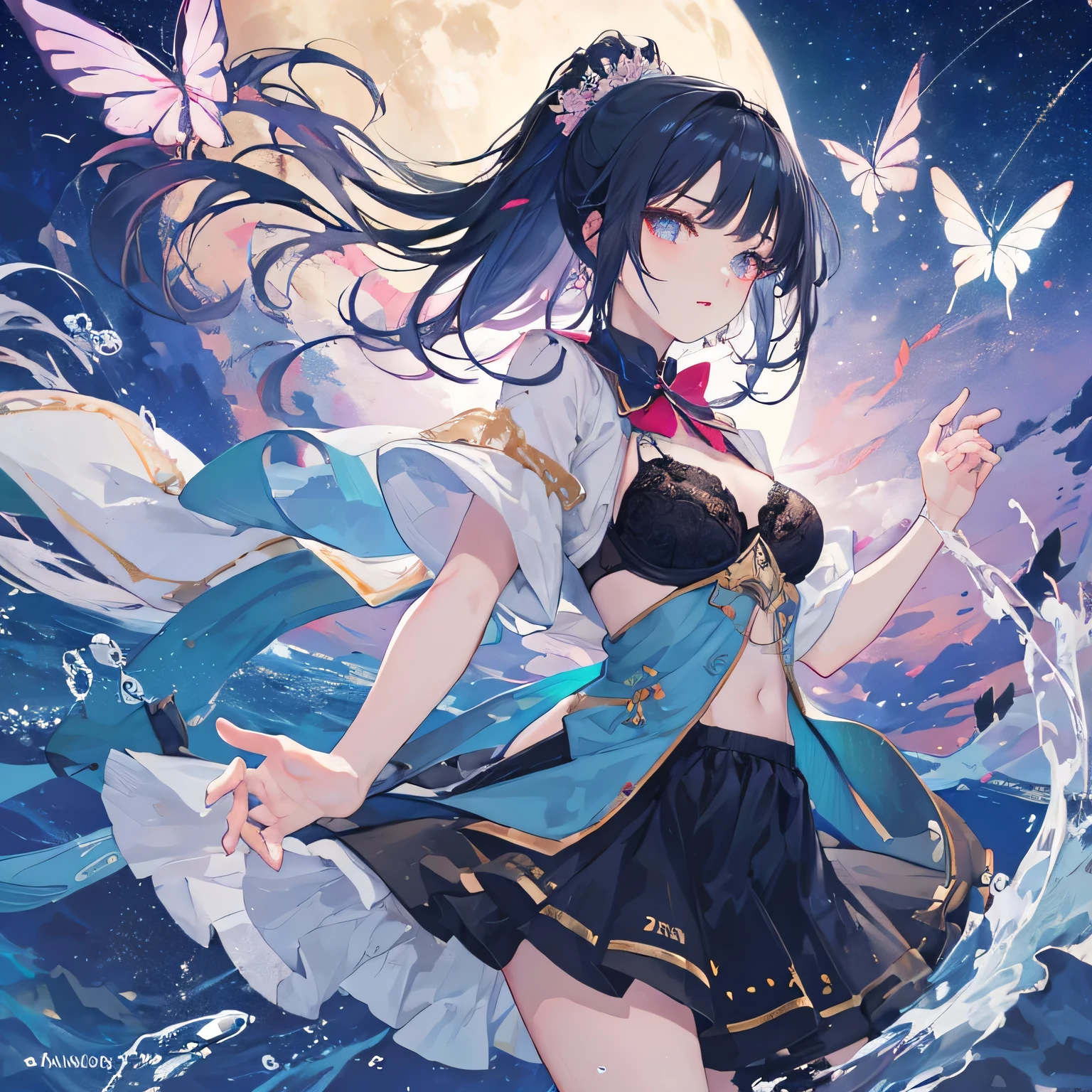 ((High resolution Gray Hair Long Hair Black kimono Black Band military commander Lonely despair)) ((Yellow butterfly night Japanese style shoulder old Shining Aura Japanese garden water surface)) (dance Blade of Darkness Japanese sword Swing down Slashing) moon star Draw your sword Slashing Catch the wind autumn