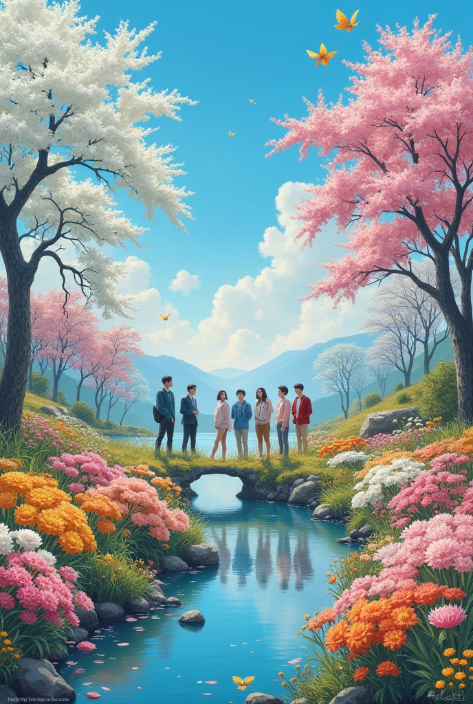 Un tableau ou y a le thème principal et le groupe seventeen kpop en paysage avec des fleurs sans les membres 