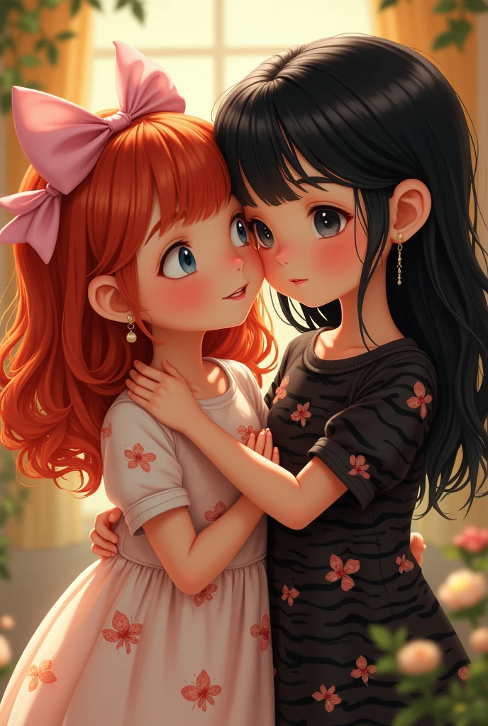 with red hair, Floral butterfly dress with pink bow, brothers, black haired with black tiger blouse