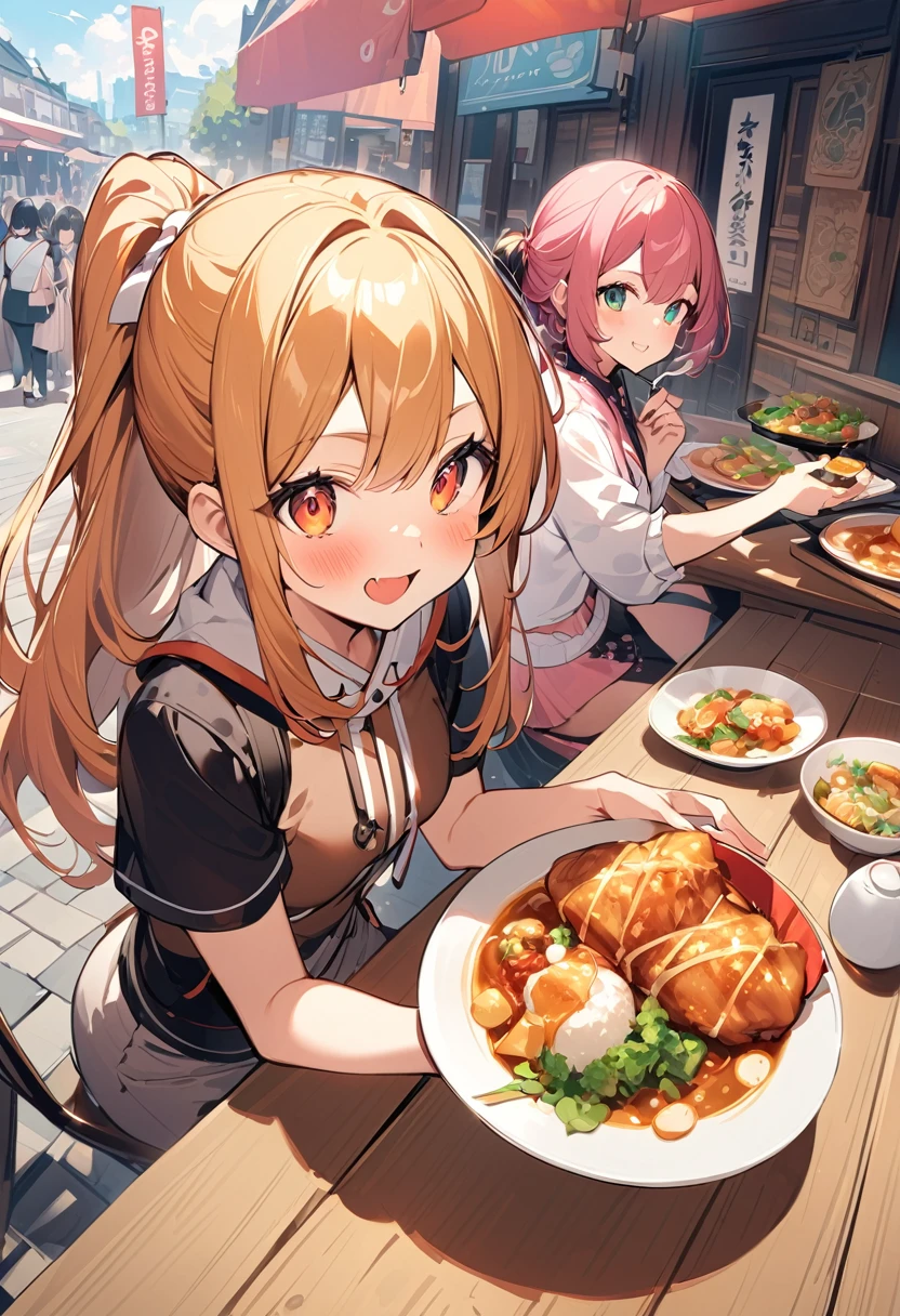 Highest quality、High resolution、Detailed Background、(Beautiful face in every detail:1.4)、Anatomically correct、Normal number of fingers、(Detailed eyes)、Teen anime beauties、Bobcut、ponytail、well-groomed eyebrows、Perfect body line、cute仕草、Food Festivals、
(Food Festivalsを楽しんでいる2人の美女:1.5)、(Two beautiful women eating various dishes:1.5)、
Food Festivalsは公園やイベントスペースや屋外会場など広いスペースが必要な場所で開催される、Sometimes it is held in urban areas or tourist spots.、You can enjoy a variety of cuisines、cute