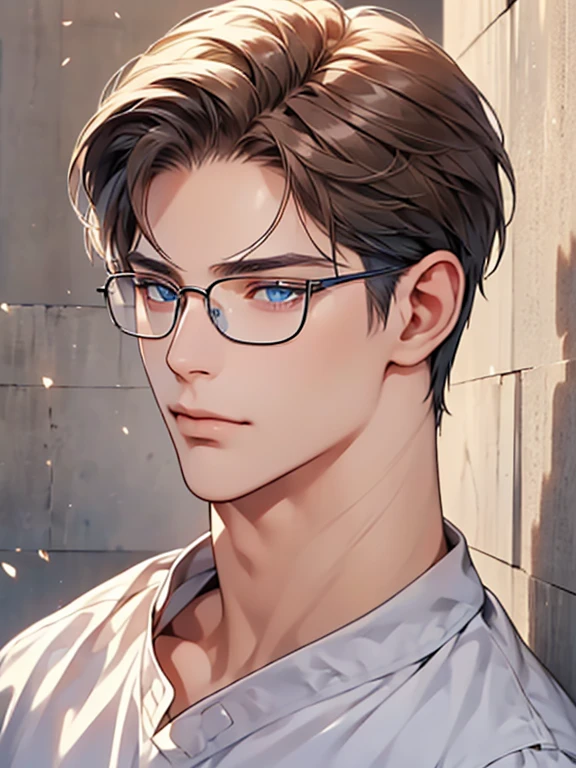 masterpiece, best quality, 1male, brunette hair, blue eyes, glasses, white shirt, mugshot, wall background, detailed eyes, detailed facial features, realistic and high resolution (best quality, 4k, 8k, highres, masterpiece:1.2)