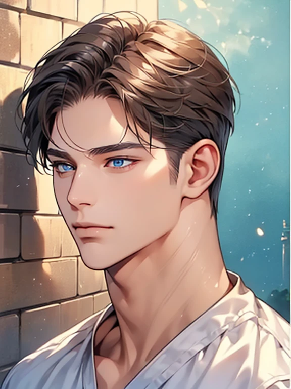 masterpiece, best quality, 1male, brunette hair, blue eyes, glasses, white shirt, mugshot, wall background, detailed eyes, detailed facial features, realistic and high resolution (best quality, 4k, 8k, highres, masterpiece:1.2)