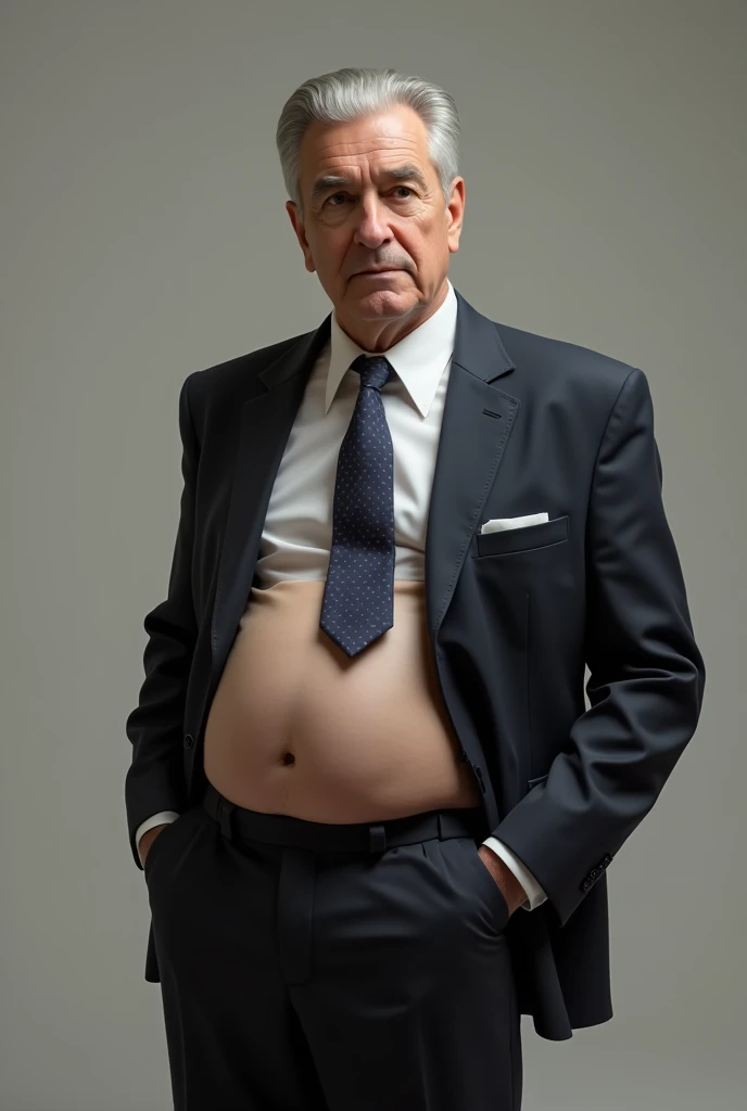 creates the image of a mature man of about 60 years old, short gray hair, He wears a suit and tie, and he has a very big penis , you can see his pants bulging
