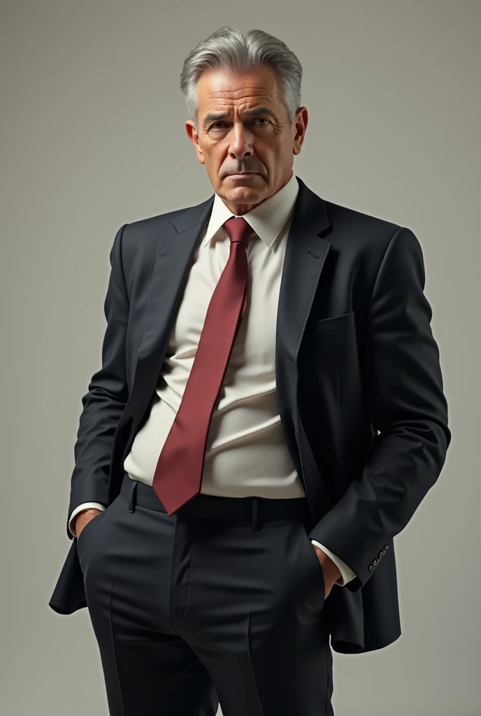 creates the image of a mature man of about 60 years old, short gray hair, He wears a suit and tie, and he has a very big penis , you can see his pants bulging