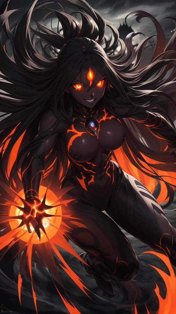 masterpiece, highest quality, female, orange glowing eyes, detailed eyes (1.4), long flowing hair, villainous expression, smiling, black skin body with black glowing pattern, bare body, ready for battle, blurred stormy background, dark atmosphere, lighting in background,full body, Haki burst of rage,