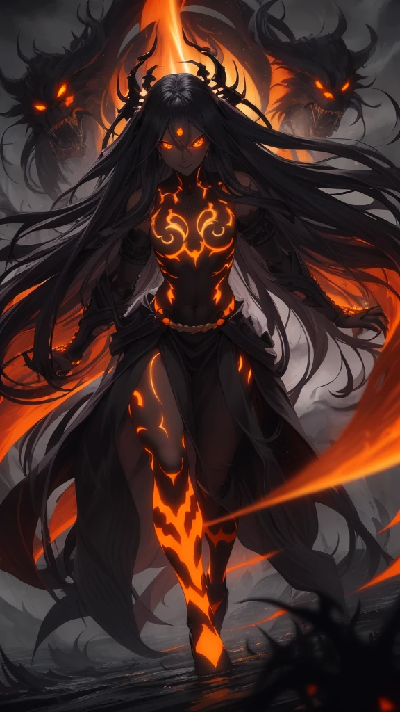masterpiece, highest quality, female, orange glowing eyes, detailed eyes (1.4), long flowing hair, villainous expression, smiling, black skin body with black glowing pattern, bare body, ready for battle, blurred stormy background, dark atmosphere, lighting in background,full body, Haki burst of rage,