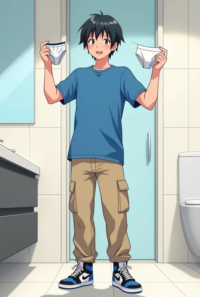 into the image, a cool male teenager with 1,80 tall, with white skin and straight black hair, is posing in a bathroom. He wears a blue t-shirt and beige cargo pants., complemented by a pair of Air Jordan sneakers in blue, black andwhite. The young man is holding 1 pair of underwear (of the boxer model), this underwear is white (of the size he uses) with both hands, showing it to the "Camera", with a happy and relieved expression. The bathroom in the background is modern and minimalist., with details like a large mirror and light tiles. The teenager&#39;s expression is relaxed and fun, besides him appearing relieved, giving a casual and informal tone to the image, In anime style (type of naruto), ele segura 1 cueca of the boxer model de tamanho que esse adolescente usa, He&#39;s not wearing any underwear and looks like he just took it off.!