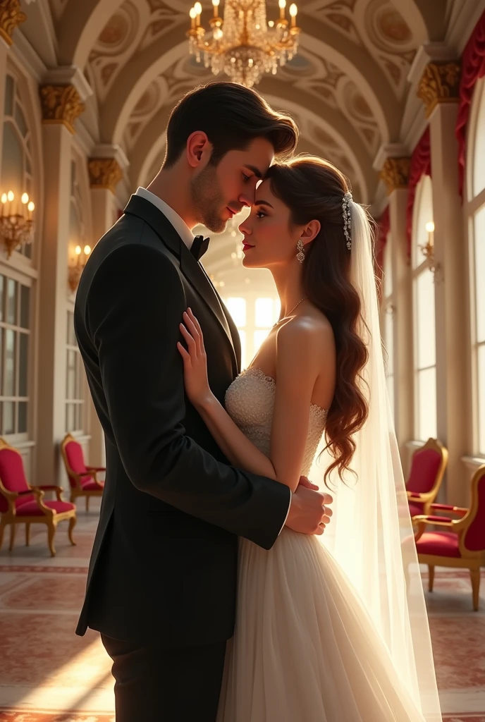 Thin brown-haired woman with brown eyes in a wedding dress hugging a tall man with dark hair in a black suit and green eyes by the shoulders in a palace