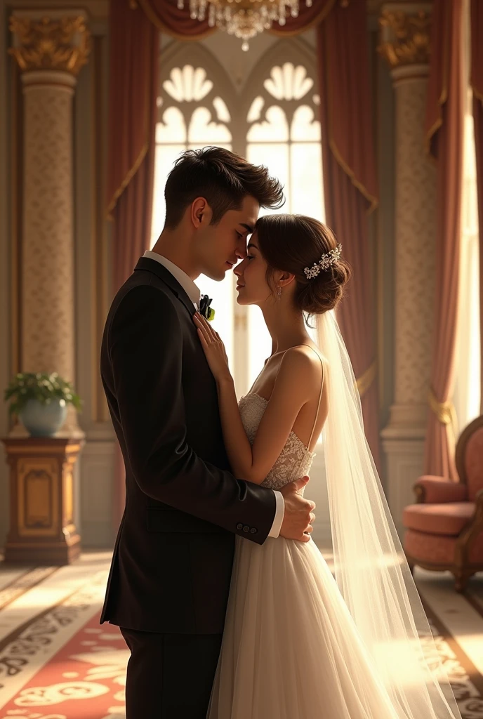 Thin brown-haired woman with brown eyes in a wedding dress hugging a tall man with dark hair in a black suit and green eyes by the shoulders in a palace