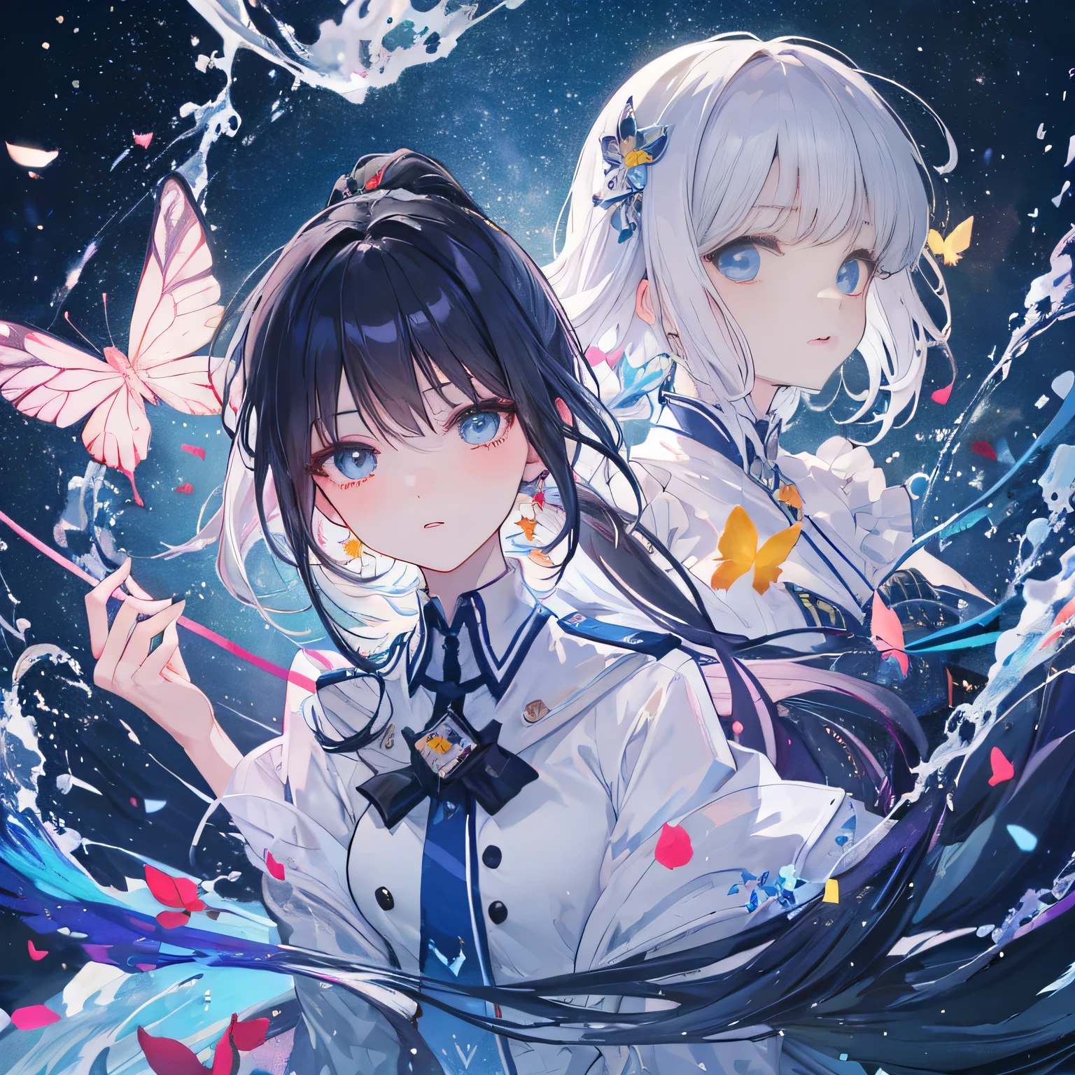 Beautiful woman, cute, A dignified expression, Transparency, gem, long hair, ponytail, Forward Shorthair, Black Hair, Blue Hair, Silver Hair, flower, Cool, blue sky, Starry Sky, The wind is blowing, Gradient Hair, Ray Tracing, reflected light, Anime Style, masterpiece, Highest quality, Anatomically correct, Accurate, Super Detail, High resolution, Pink Lips, A slender, feminine face, White skin, Beautiful night view, The face is facing straight ahead, not turning left or right, Fantasy, lingerie, uniform, No nostrils, Head to leg, butterfly, water