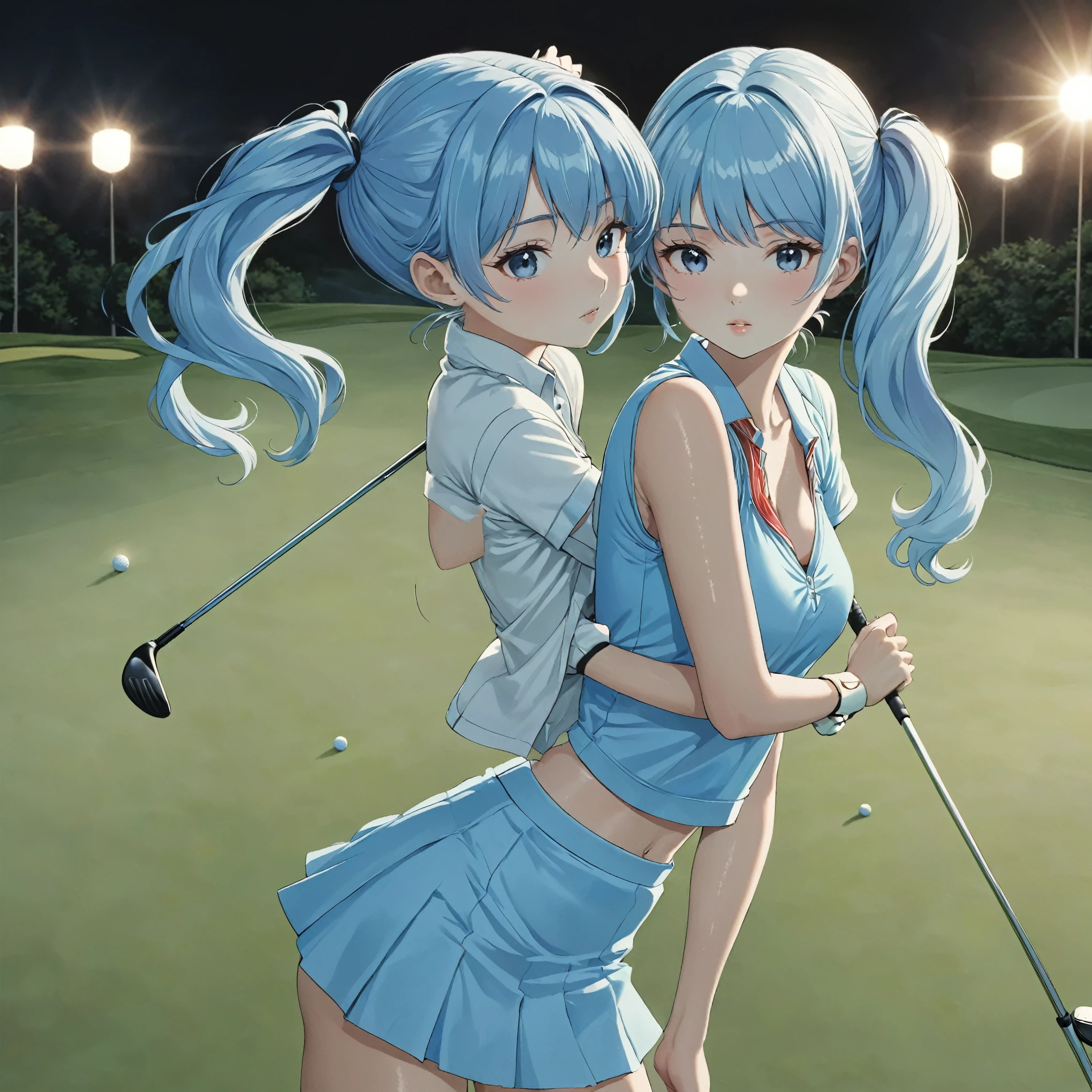  masterpiece, (Textured skin), Highest quality, Gorgeous beautiful,Light blue long hair、Beautiful twin-tailed golfer (Female golf player), Detailed clothing,Tight waist,, (Beautiful Face), During golf play、Cinema Lighting, (At the golf course ),