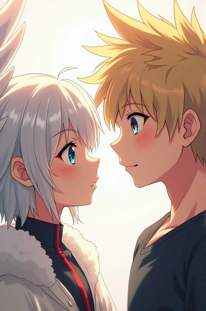((best quality)), ((masterpiece)), (detailed), perfect face ((Boku no hero style, anime)) A girl with short messy white hair, white wings, blue eyes looking até Katsuki Bakugou. A blonde Guy, short and spiky hair with red eyes. They are looking até each other