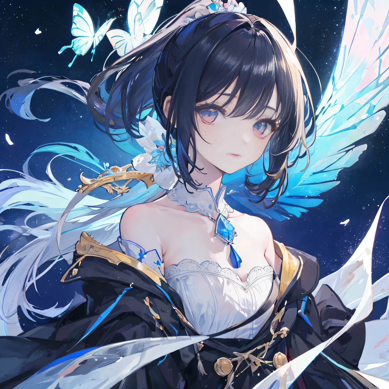 Beautiful woman, cute, A dignified expression, Transparency, gem, long hair, ponytail, Forward Shorthair, Black Hair, Blue Hair, Silver Hair, flower, Cool, blue sky, Starry Sky, The wind is blowing, Gradient Hair, Ray Tracing, reflected light, Anime Style, masterpiece, Highest quality, Anatomically correct, Accurate, Super Detail, High resolution, Pink Lips, A slender, feminine face, White skin, Beautiful night view, The face is facing straight ahead, not turning left or right, Fantasy, lingerie, uniform, No nostrils, Head to leg, butterfly, flower火