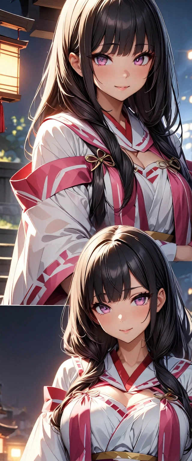 (Perfect Anatomy)、Mastepiece、Ultra High Quality、 8k、masterpiece、Highest quality、Ultra-high resolution、Maximum resolution、Very detailed、Professional Lighting、anime、Adult female、thin、so beautiful、Highly detailed eye、Highly detailed face、Black Hair,、Pink eyes, , Braiding、Straight bangs、Miko costume、Shrine maiden costume、Shrine maiden costume、Random Pause