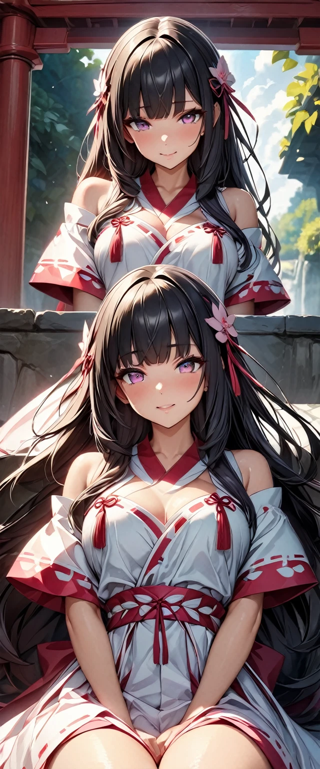 (Perfect Anatomy)、Mastepiece、Ultra High Quality、 8k、masterpiece、Highest quality、Ultra-high resolution、Maximum resolution、Very detailed、Professional Lighting、anime、Adult female、thin、so beautiful、Highly detailed eye、Highly detailed face、Black Hair,、Pink eyes, , Braiding、Straight bangs、Miko costume、Shrine maiden costume、Shrine maiden costume、Random Pause