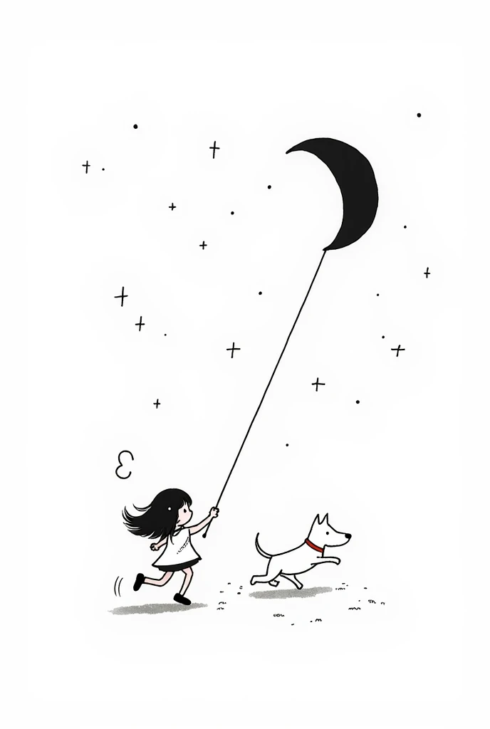 white background.Simple black child drawing, with long loose hair wearing a dress. The child should appear lively and moving.. The child holds a half moon by a string. The half moon is drawn simply and is also black.. Friendly dog running after child to play. Scattered around the scene, both around the child and the dog there are simple stars of different sizes, drawn with fine lines to add a touch of sparkle and magic to the scenery.
The rope connects the crescent to the child's hand. It must be drawn in a fluid way., showing action and movement.