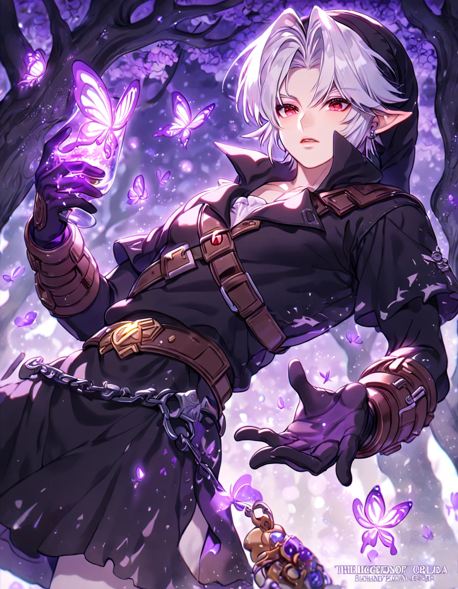 absurdres, highres, ultra detailed, HDR, master piece, best quality, extremely detailed, Dark Link, white hair, expressive red eyes, The Legend Of Zelda Ocarina Of Time, solo, sexy man, sensual, handsome, black tunic, black hat, black gauntlets, black skin, under a purple tree, fantasy, magical, purple glittering fireflies, purple butterflies, purple flames, glass magic, purple leaves