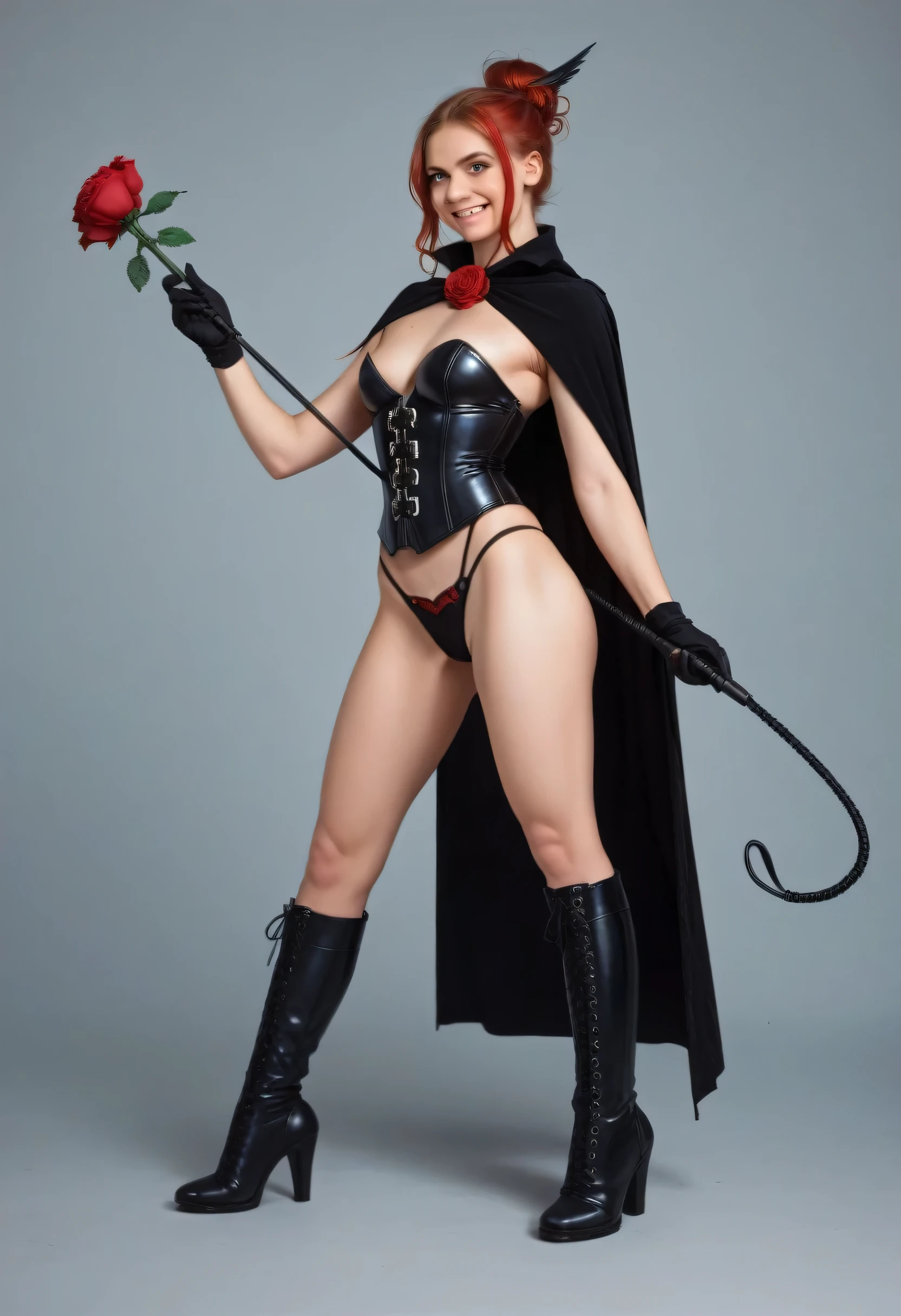 Sophie Turner wearing the Evil Dark Phoenix costume, smiling, red hair tied in a bun at the back of her head, black corset, black thong panties, wears long black leather boots, long black gloves that cover her arms until above the elbows, black cape with a red rose, standing with a long black whip in her right hand, a full-body, hyper-realistic image