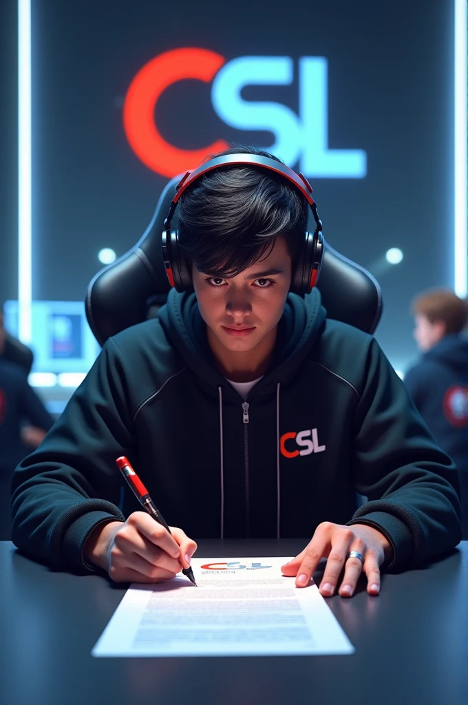 Create an image showing a gamer signing a contract with the line called "csl", esse gamer se chama acey 