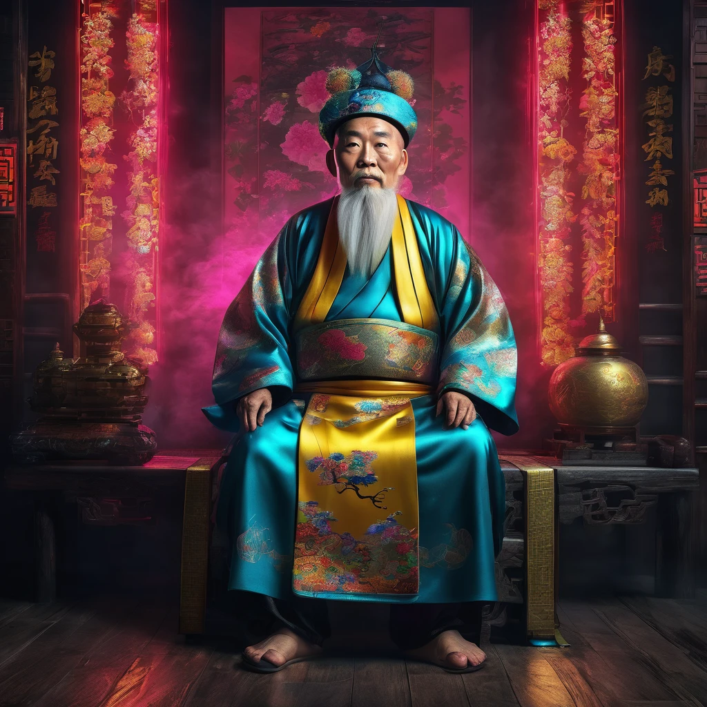 Full body of a photorealistic old chinese wiseman, facing the camera, high quality. realistic,inspirational, HDR, 8k quality resolution,ultra realistic, photo realistic, dark fantasy, vibrant, cinematic, neon lighting style, portrait photography. 

