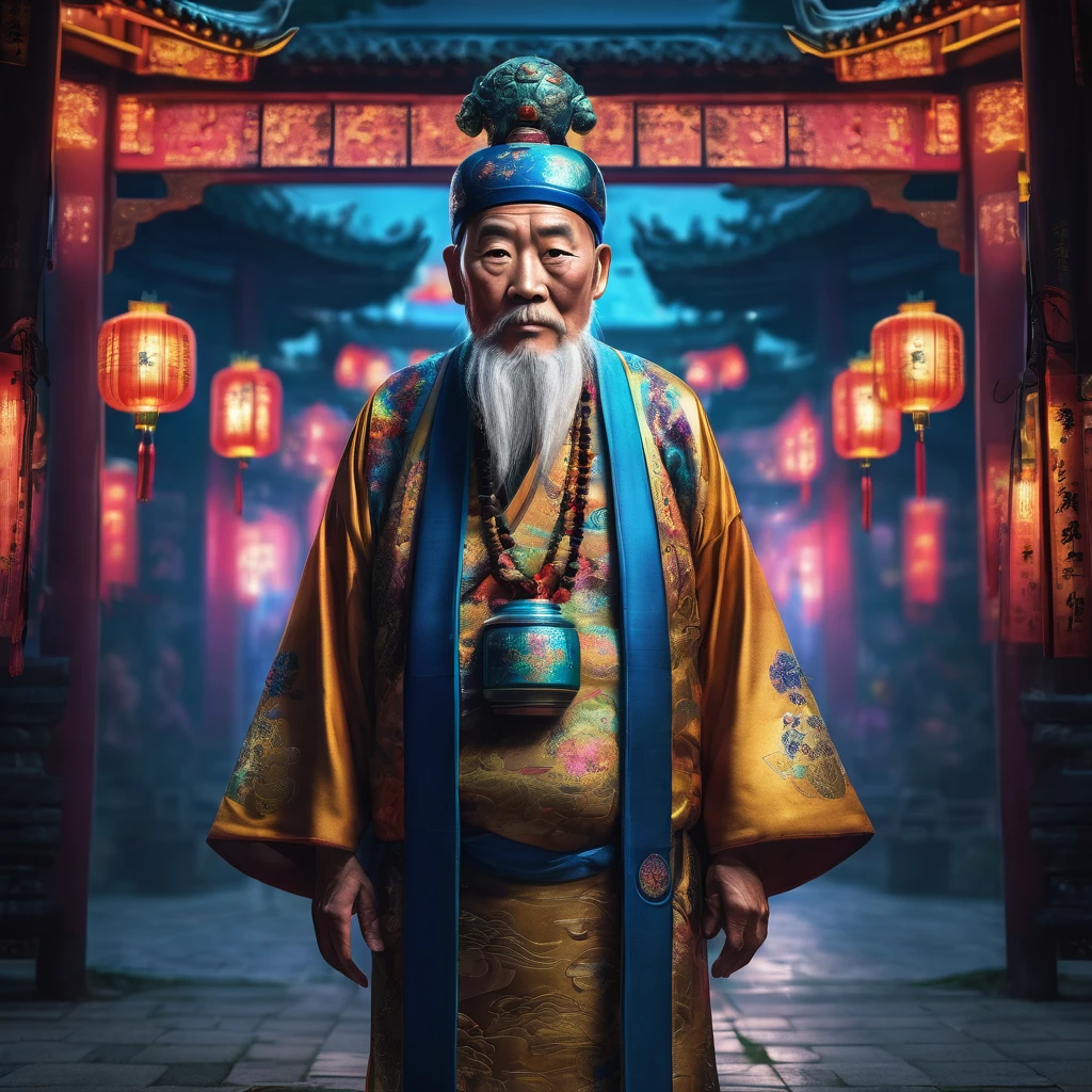 Full body of a photorealistic old chinese wiseman, facing the camera, high quality. realistic,inspirational, HDR, 8k quality resolution,ultra realistic, photo realistic, dark fantasy, vibrant, cinematic, neon lighting style, portrait photography.
