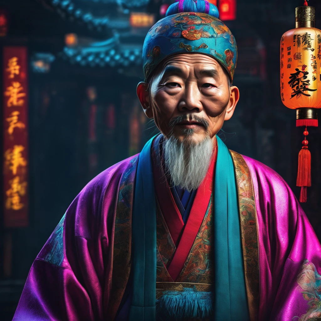 Full body of a photorealistic old chinese wiseman, facing the camera, high quality. realistic,inspirational, HDR, 8k quality resolution,ultra realistic, photo realistic, dark fantasy, vibrant, cinematic, neon lighting style, portrait photography.